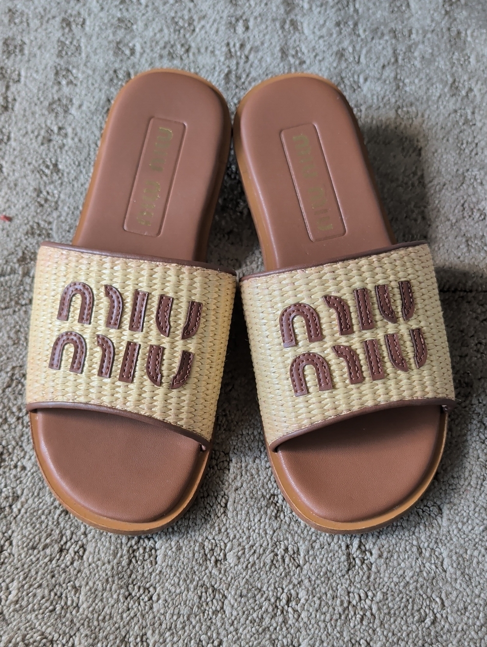 Miu Miu Tan Leather & Natural Woven Slide Sandals - 37
